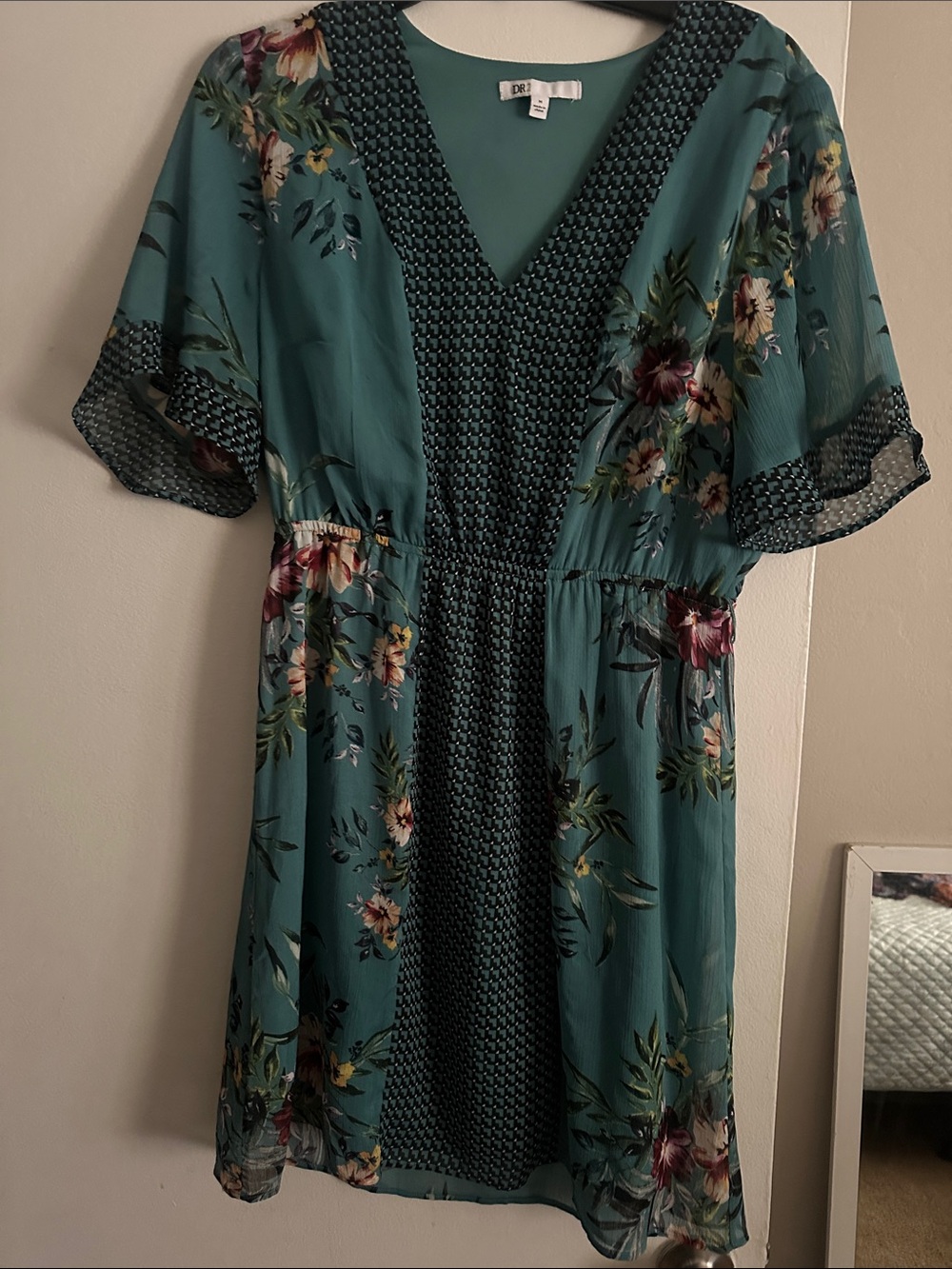DR2 Teal Floral V-Neck Smocked Midi Dress